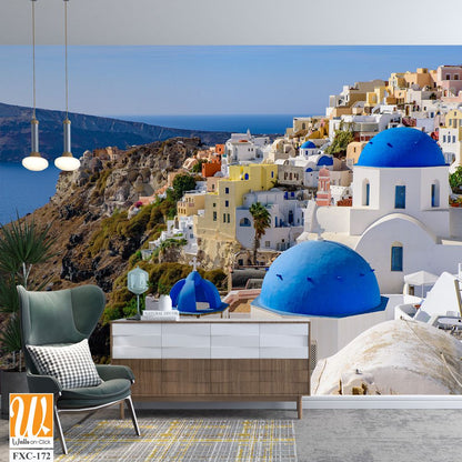 Santorini, Greece, featuring white buildings and blue domes Wallpaper [WP-FXC-172]