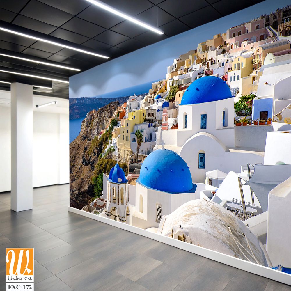 Santorini, Greece, featuring white buildings and blue domes Wallpaper [WP-FXC-172]