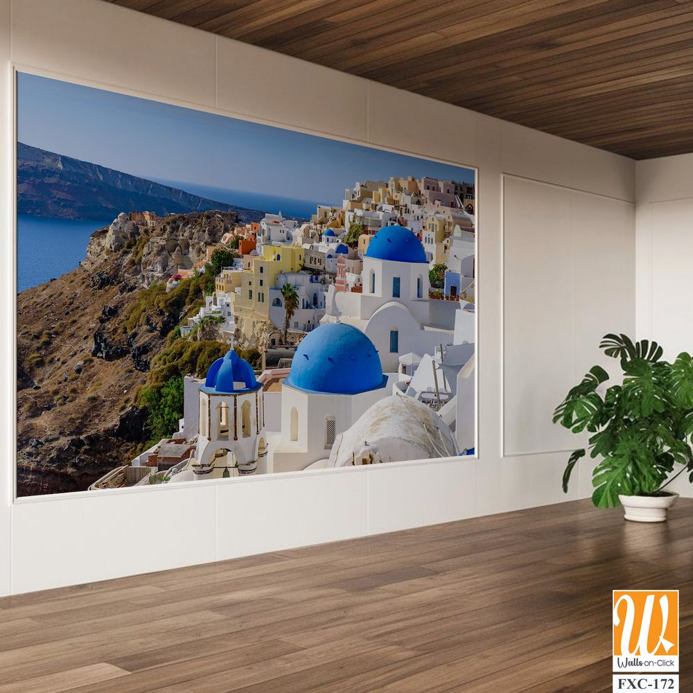 Santorini, Greece, featuring white buildings and blue domes Wallpaper [WP-FXC-172]