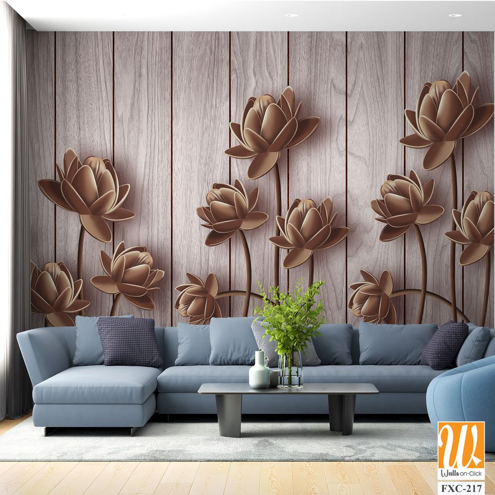 3D brown wooden lotus flowers Wallpaper [WP-FXC-217]