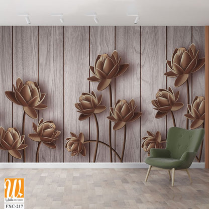 3D brown wooden lotus flowers Wallpaper [WP-FXC-217]