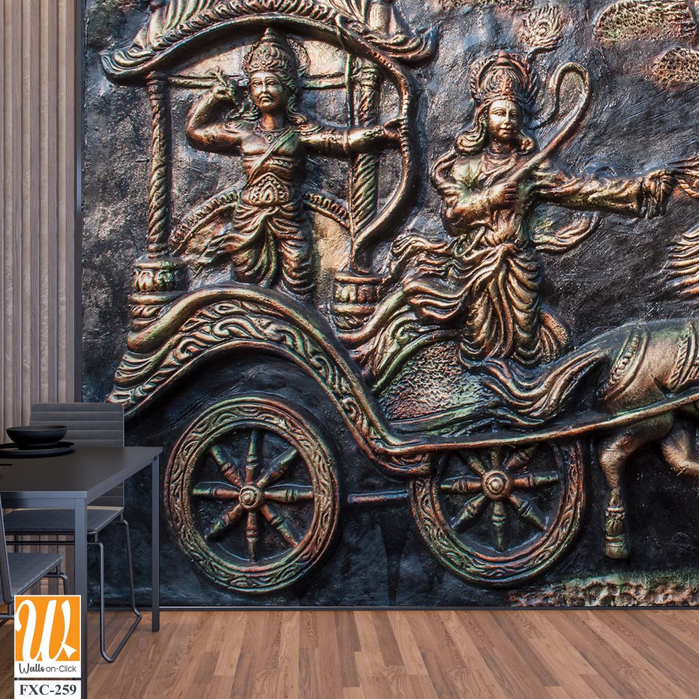 Krishna and Arjun bas-relief sculpture print Wallpaper [WP-FXC-259]