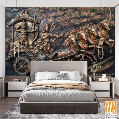 Krishna and Arjun bas-relief sculpture print Wallpaper [WP-FXC-259]