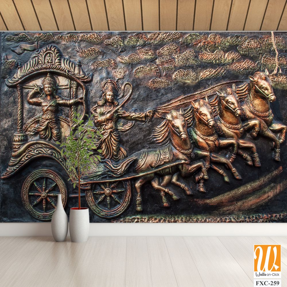 Krishna and Arjun bas-relief sculpture print Wallpaper [WP-FXC-259]