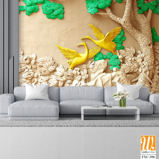 3D carved relief wall of two cranes Wallpaper [WP-FXC-306]