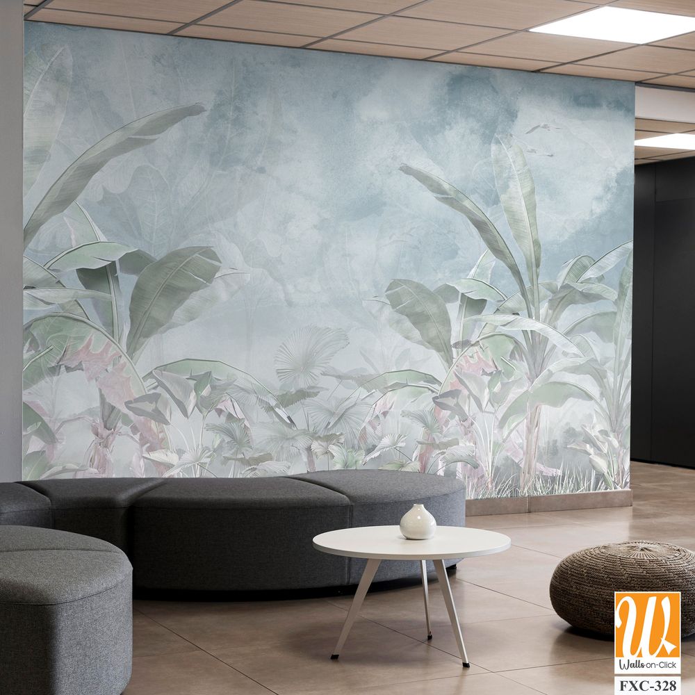 Tropical trees and leaves for digital printing wallpaper, custom design wallpaper - 3D illustration [WP-FXC-328]