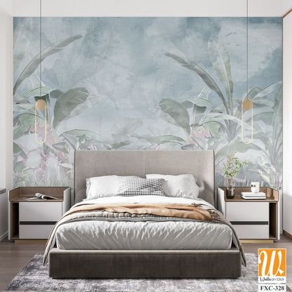 Tropical trees and leaves for digital printing wallpaper, custom design wallpaper - 3D illustration [WP-FXC-328]