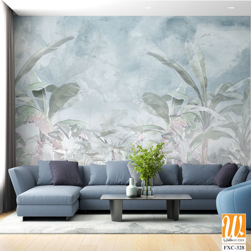 Tropical trees and leaves for digital printing wallpaper, custom design wallpaper - 3D illustration [WP-FXC-328]