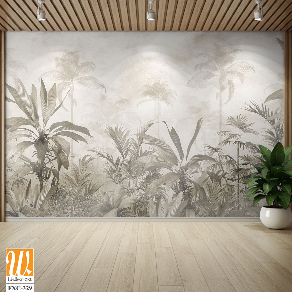 Tropical trees and leaves for digital printing wallpaper, custom design wallpaper - 3D illustration [WP-FXC-329]