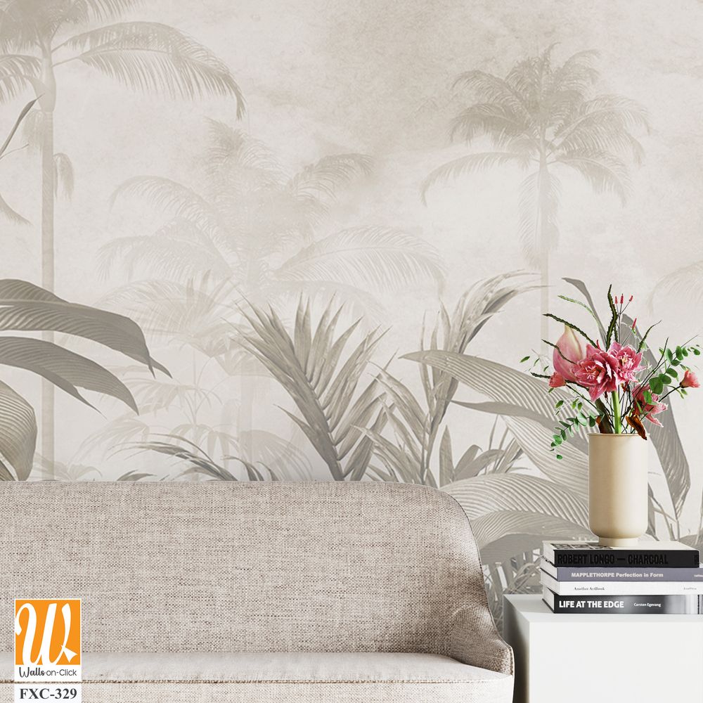 Tropical trees and leaves for digital printing wallpaper, custom design wallpaper - 3D illustration [WP-FXC-329]