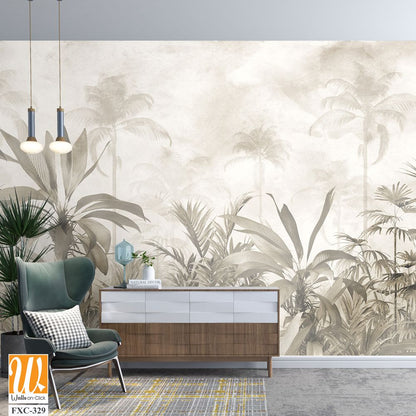 Tropical trees and leaves for digital printing wallpaper, custom design wallpaper - 3D illustration [WP-FXC-329]