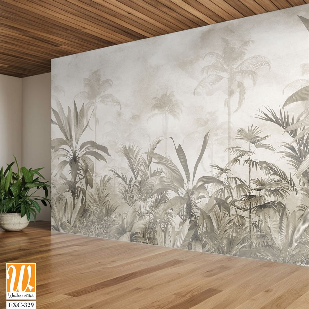 Tropical trees and leaves for digital printing wallpaper, custom design wallpaper - 3D illustration [WP-FXC-329]