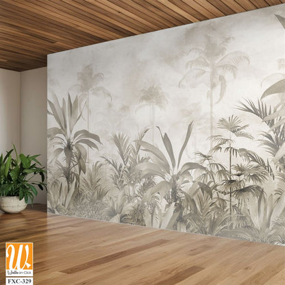 Tropical trees and leaves for digital printing wallpaper, custom design wallpaper - 3D illustration [WP-FXC-329]