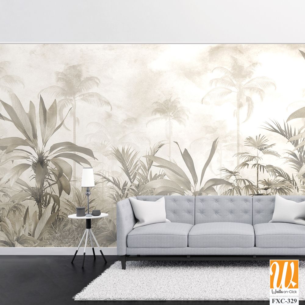 Tropical trees and leaves for digital printing wallpaper, custom design wallpaper - 3D illustration [WP-FXC-329]