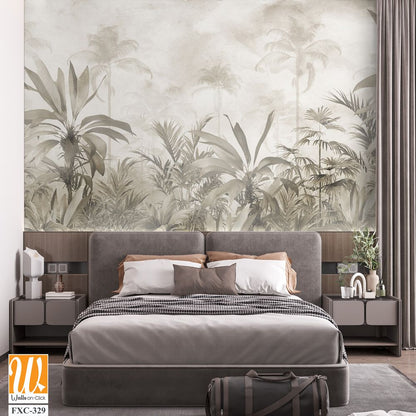 Tropical trees and leaves for digital printing wallpaper, custom design wallpaper - 3D illustration [WP-FXC-329]