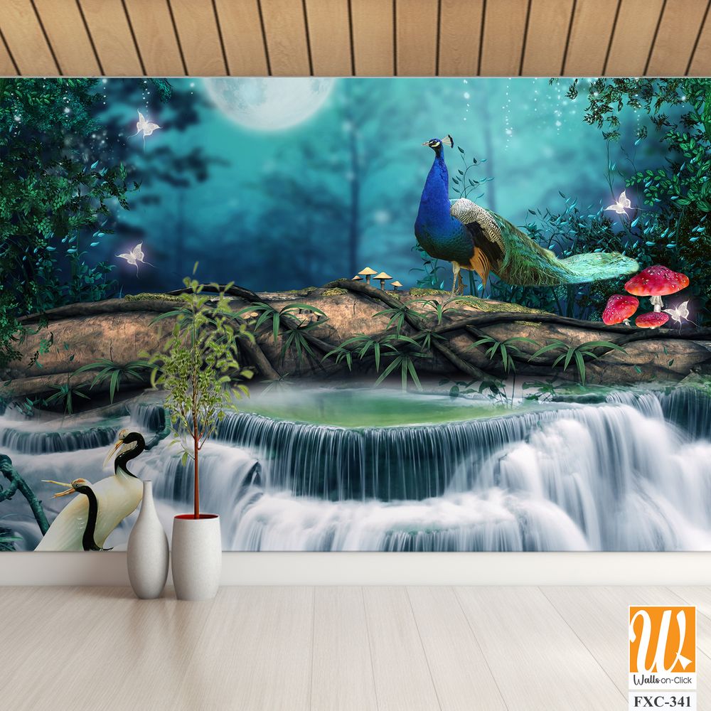 3D wallpaper fantasy background with waterfalls, peacocks, and cranes [WP-FXC-341]