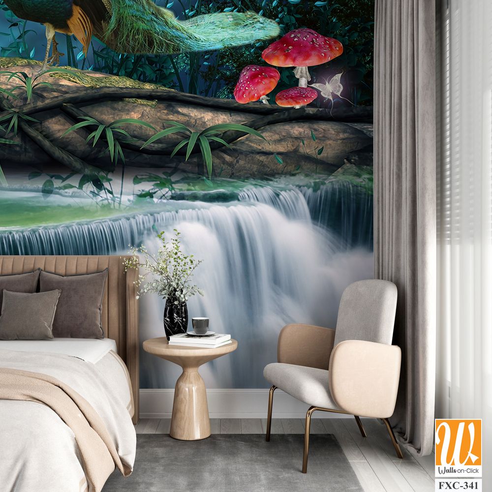 3D wallpaper fantasy background with waterfalls, peacocks, and cranes [WP-FXC-341]