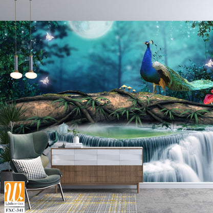 3D wallpaper fantasy background with waterfalls, peacocks, and cranes [WP-FXC-341]