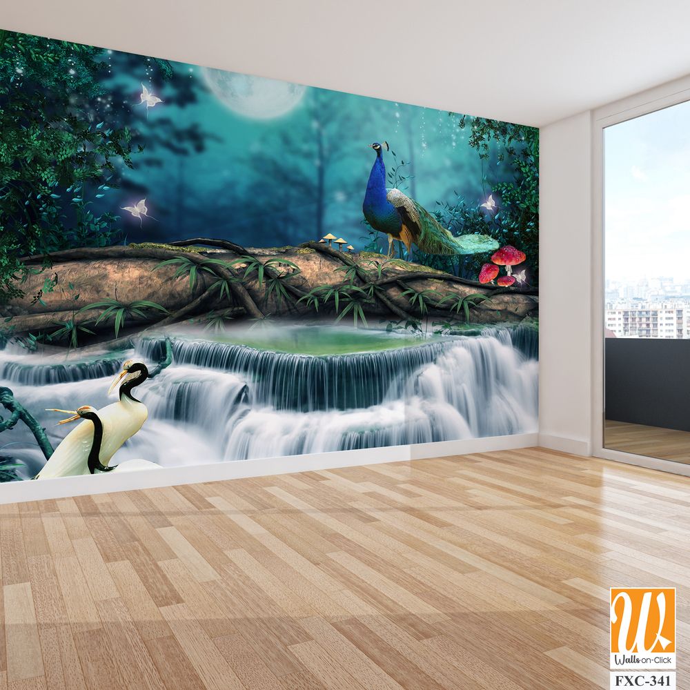 3D wallpaper fantasy background with waterfalls, peacocks, and cranes [WP-FXC-341]