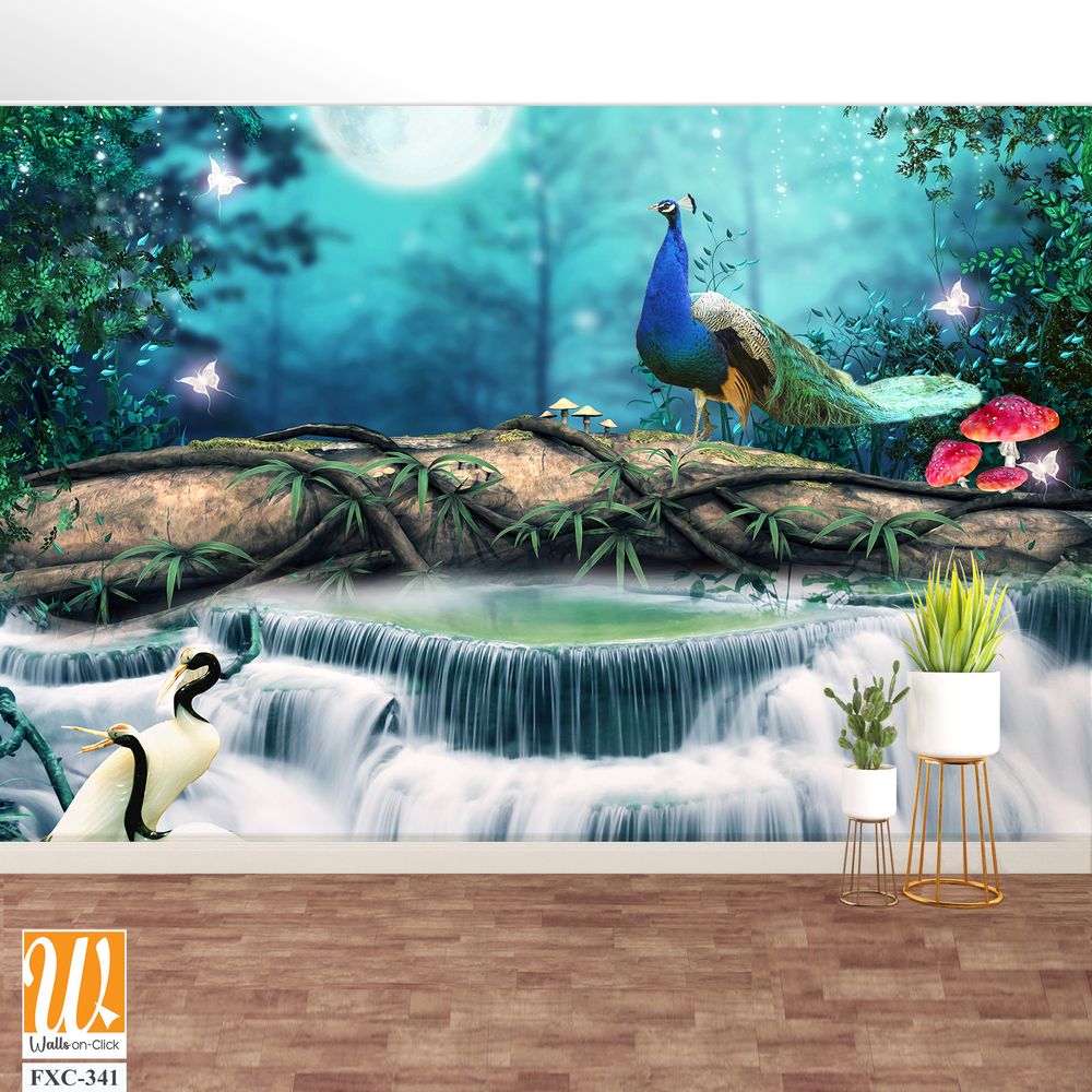 3D wallpaper fantasy background with waterfalls, peacocks, and cranes [WP-FXC-341]