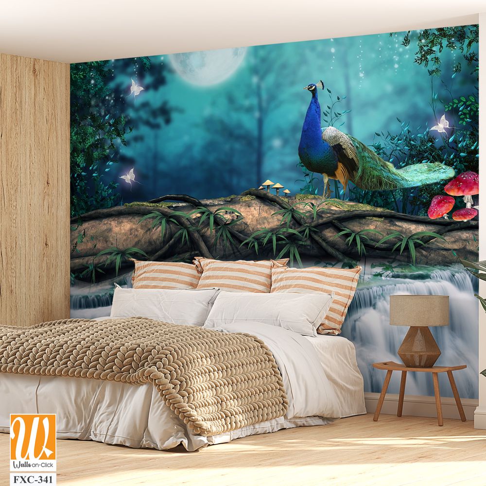 3D wallpaper fantasy background with waterfalls, peacocks, and cranes [WP-FXC-341]