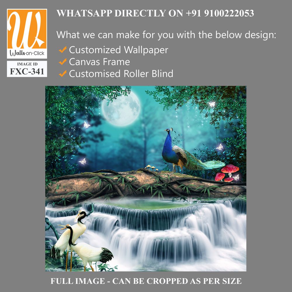 3D wallpaper fantasy background with waterfalls, peacocks, and cranes [WP-FXC-341]