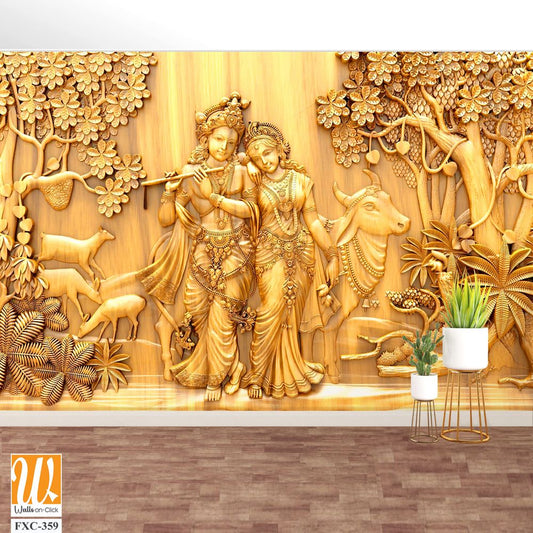 Wood carving of Lord Krishna and Radha Wallpaper [WP-FXC-359]