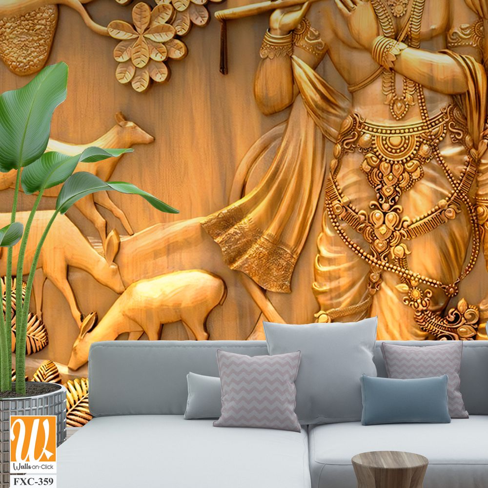 Wood carving of Lord Krishna and Radha Wallpaper [WP-FXC-359]