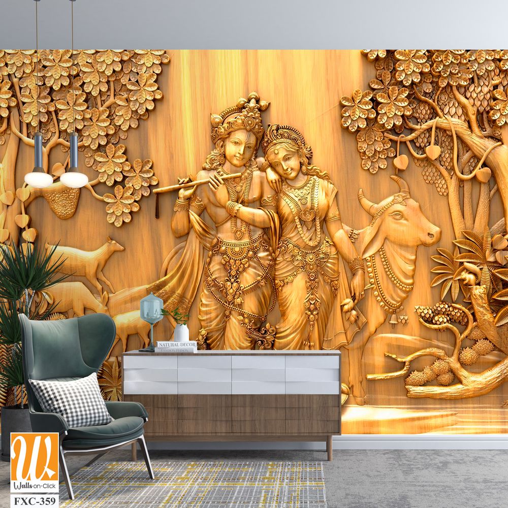 Wood carving of Lord Krishna and Radha Wallpaper [WP-FXC-359]