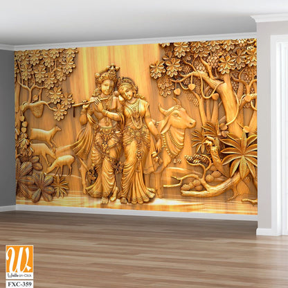 Wood carving of Lord Krishna and Radha Wallpaper [WP-FXC-359]