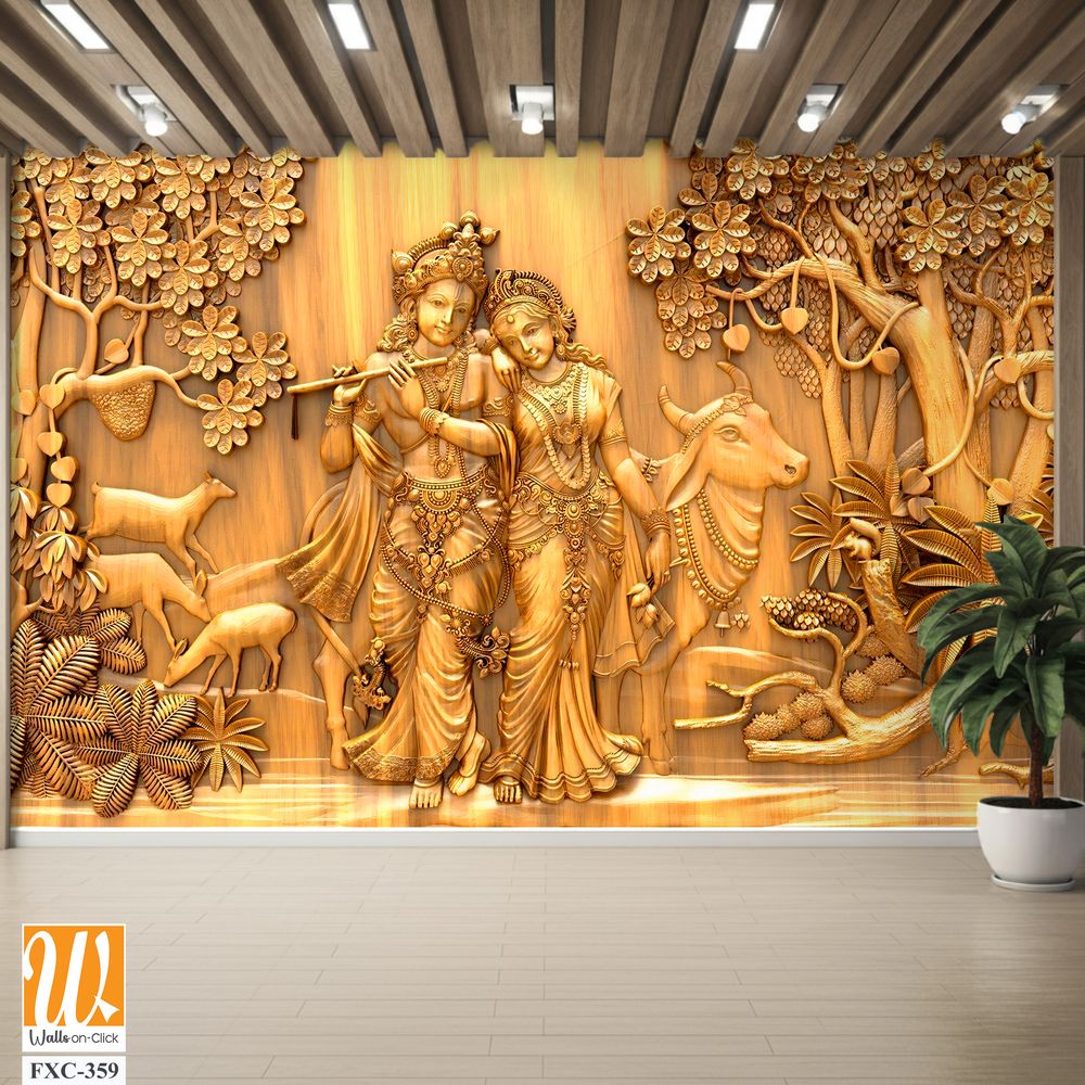 Wood carving of Lord Krishna and Radha Wallpaper [WP-FXC-359]