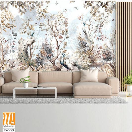 Chinoiserie mural with peacocks and trees Wallpaper [WP-FXC-360]