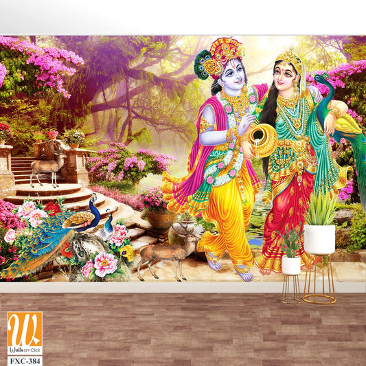 Lord Krishna and the goddess Radha in a peacock garden Wallpaper [WP-FXC-384]