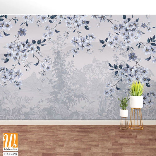 White and blue floral-patterned wallpaper with an ethereal background [WP-FXC-389]