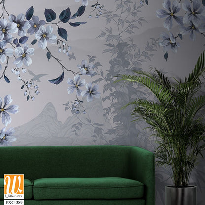 White and blue floral-patterned wallpaper with an ethereal background [WP-FXC-389]