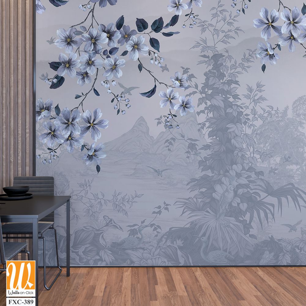 White and blue floral-patterned wallpaper with an ethereal background [WP-FXC-389]