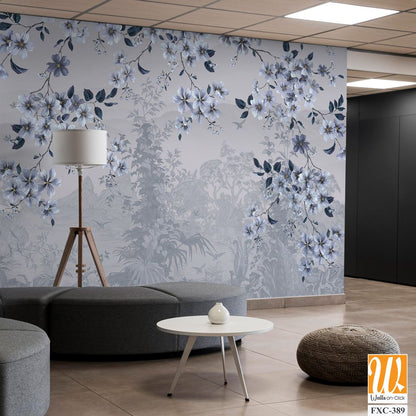 White and blue floral-patterned wallpaper with an ethereal background [WP-FXC-389]