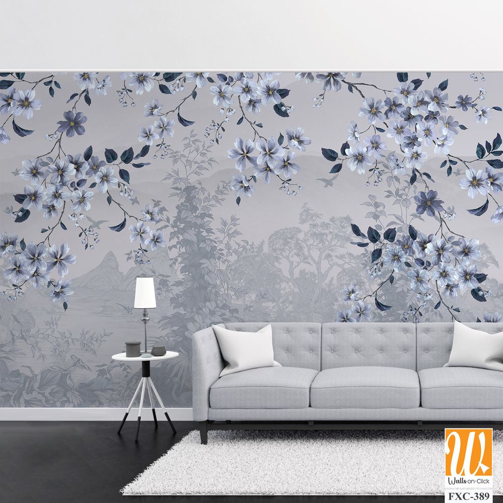 White and blue floral-patterned wallpaper with an ethereal background [WP-FXC-389]