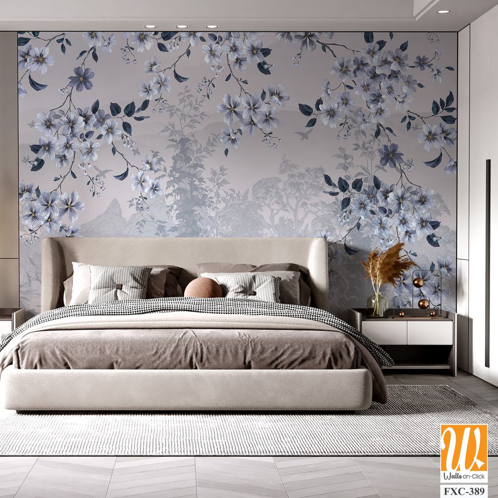 White and blue floral-patterned wallpaper with an ethereal background [WP-FXC-389]