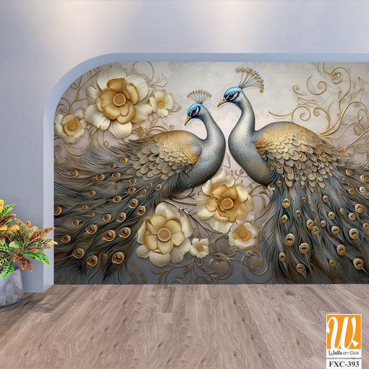 3d wallpaper, peacock birds with flowers in fantasy art style painting [WP-FXC-393]