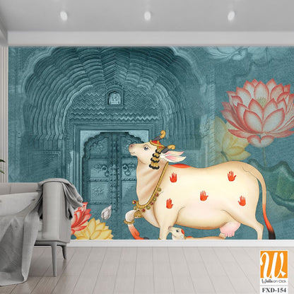 Pichwai cow and calf with lotus flowers Wallpaper [WP-FXD-154]