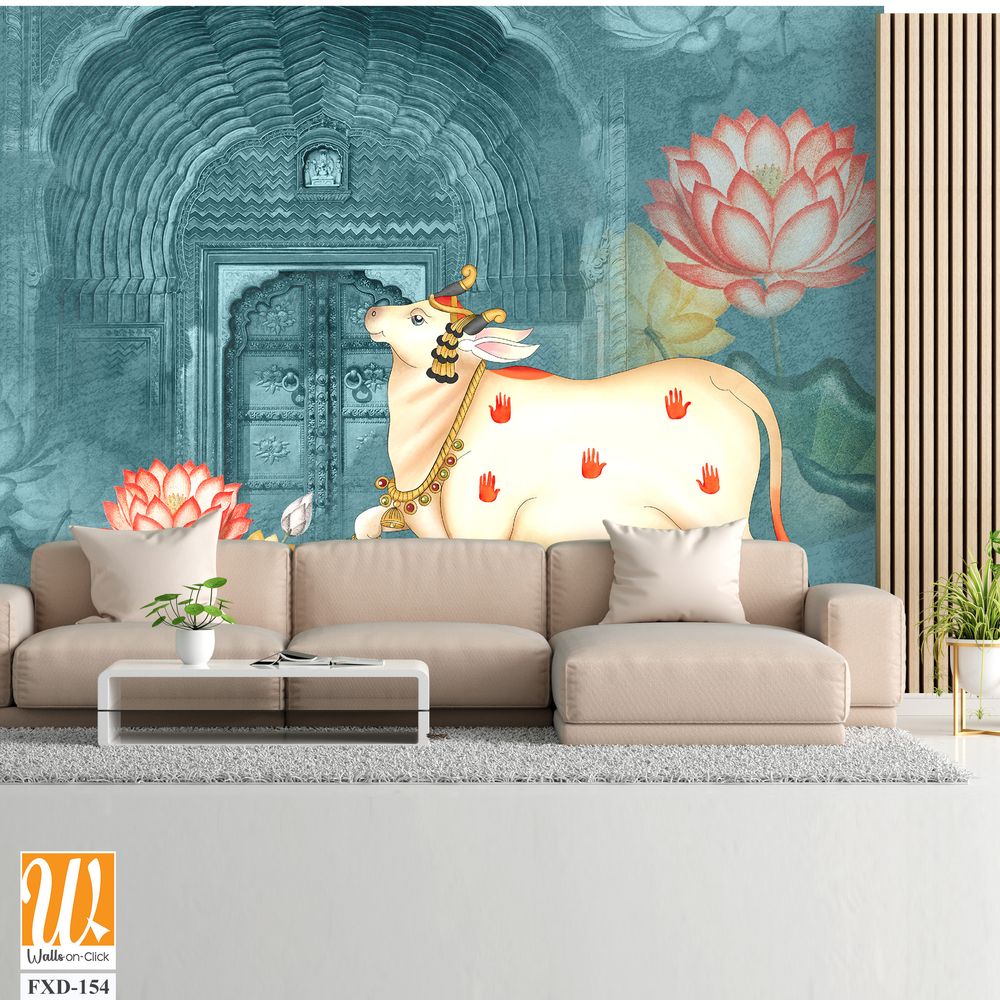 Pichwai cow and calf with lotus flowers Wallpaper [WP-FXD-154]