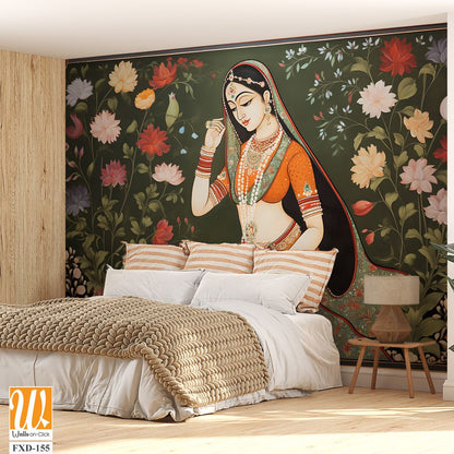 Indian woman around vibrant floral motifs Wallpaper [WP-FXD-155]