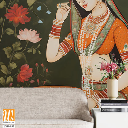 Indian woman around vibrant floral motifs Wallpaper [WP-FXD-155]