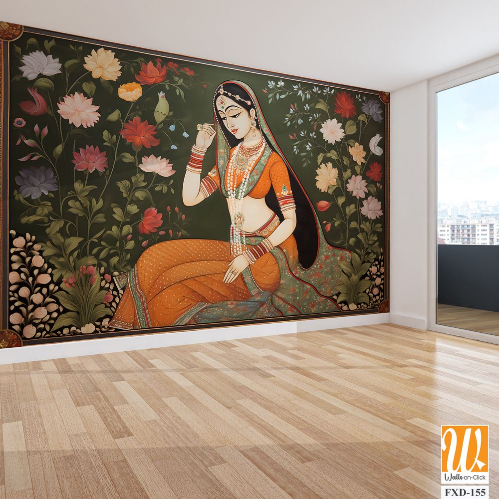 Indian woman around vibrant floral motifs Wallpaper [WP-FXD-155]