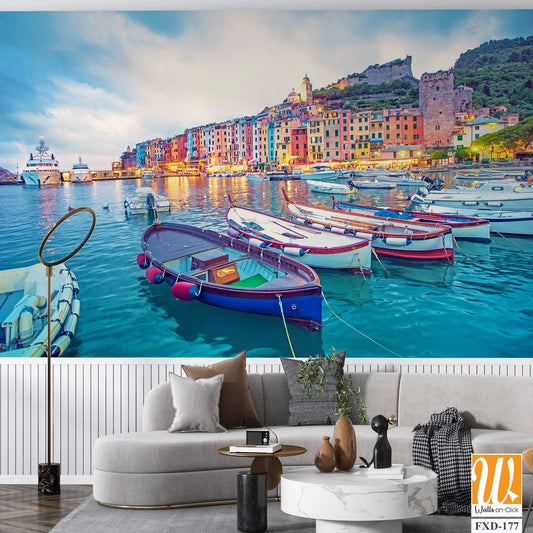 Colorful Italian portofino with boats and buildings Wallpaper [WP-FXD-177]