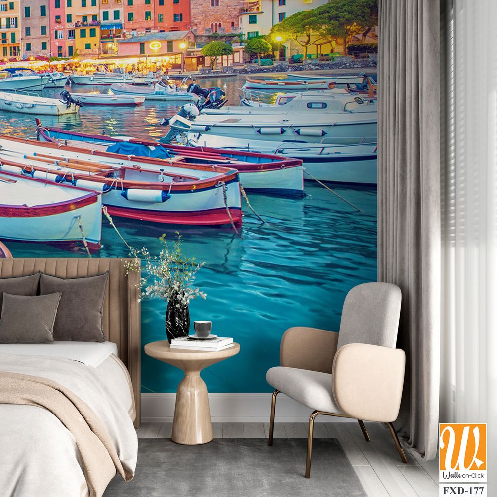 Colorful Italian portofino with boats and buildings Wallpaper [WP-FXD-177]