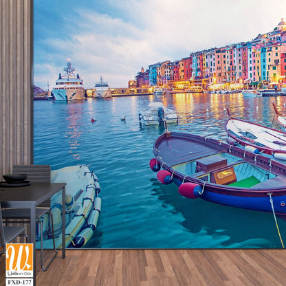 Colorful Italian portofino with boats and buildings Wallpaper [WP-FXD-177]