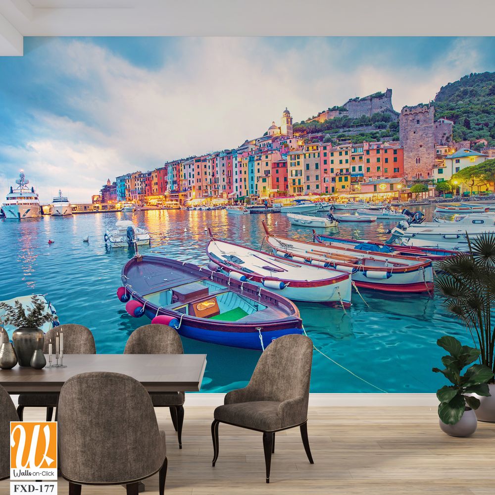 Colorful Italian portofino with boats and buildings Wallpaper [WP-FXD-177]