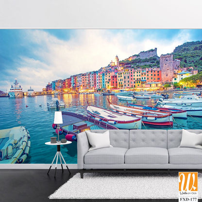 Colorful Italian portofino with boats and buildings Wallpaper [WP-FXD-177]